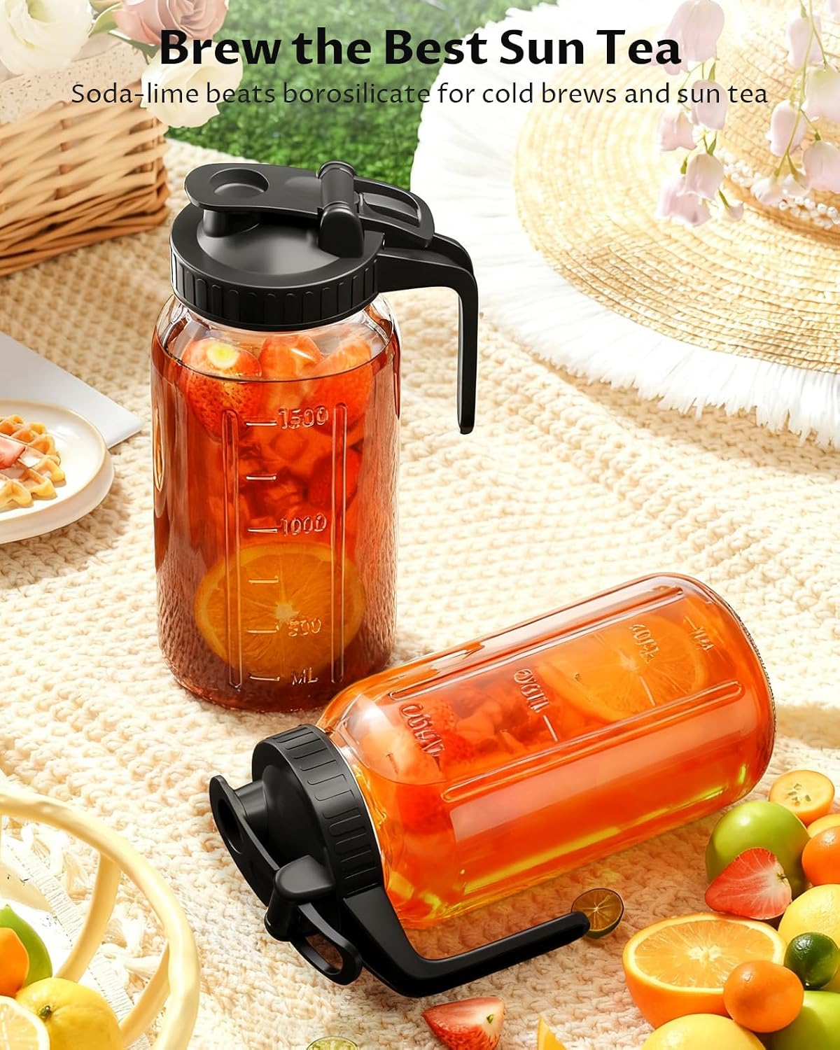 64oz Mason Jar Pitcher, Glass Pitcher with Lid for Tea &amp; Cold Brew | Mason Jar, BPA Free, Leakproof, Fridge/ Dishwasher safe, Ergonomic handle, Flip-cap pour spout, Wide mouth, Versatile