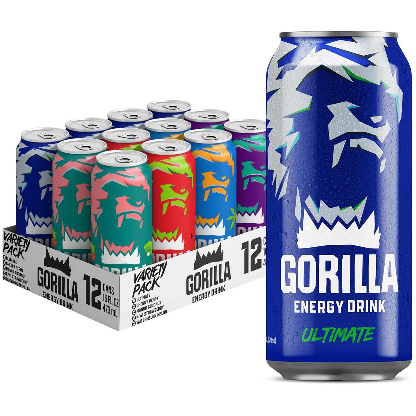 Gorilla Energy Drink, Variety Pack, 200mg Natural Caffeine, Real Fruit Juice Squeezed &amp; Concentrated, L-Theanine, Taurine, Ginseng, Acetyl L-Carnitine, No Added Sugar and No Artificial Colors, 12 Pack