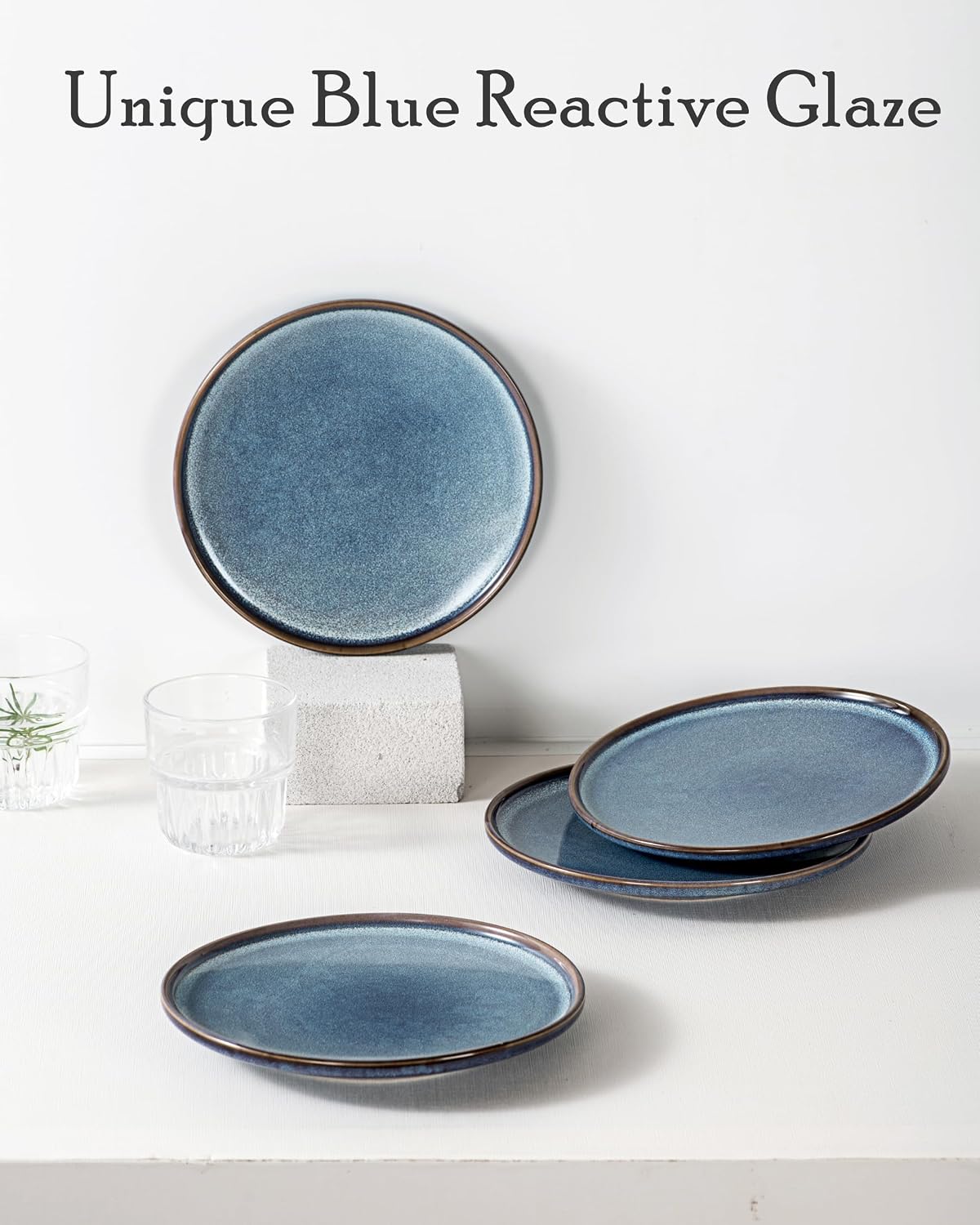 UNICASA Ceramic Salad Plates Set of 4, 8 Inch Reactive Glaze Plates | Blue Dessert and Appetizer Plates, Ideal for Salad, Pasta, Snacks and Side Dishes, Microwave, Oven and Dishwasher Safe