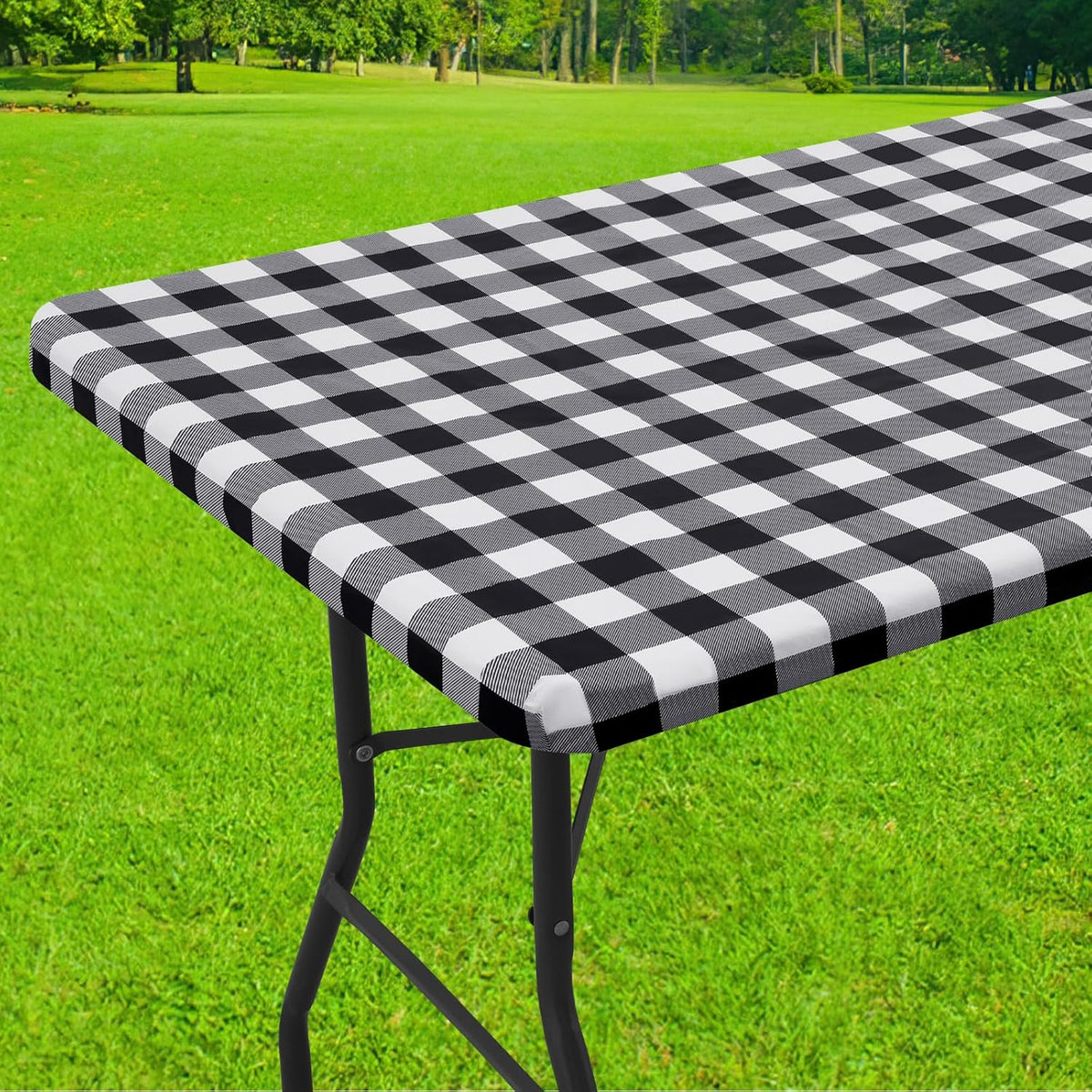 Smiry 6 Foot Picnic Table Cloth, Flannel Backed Fitted Vinyl tablecloths | Waterproof Elastic Rectangle Tablecloth ,Buffalo Plaid Table Covers for Dining, Camping, Outdoor (Black and White, 30" x 72")
