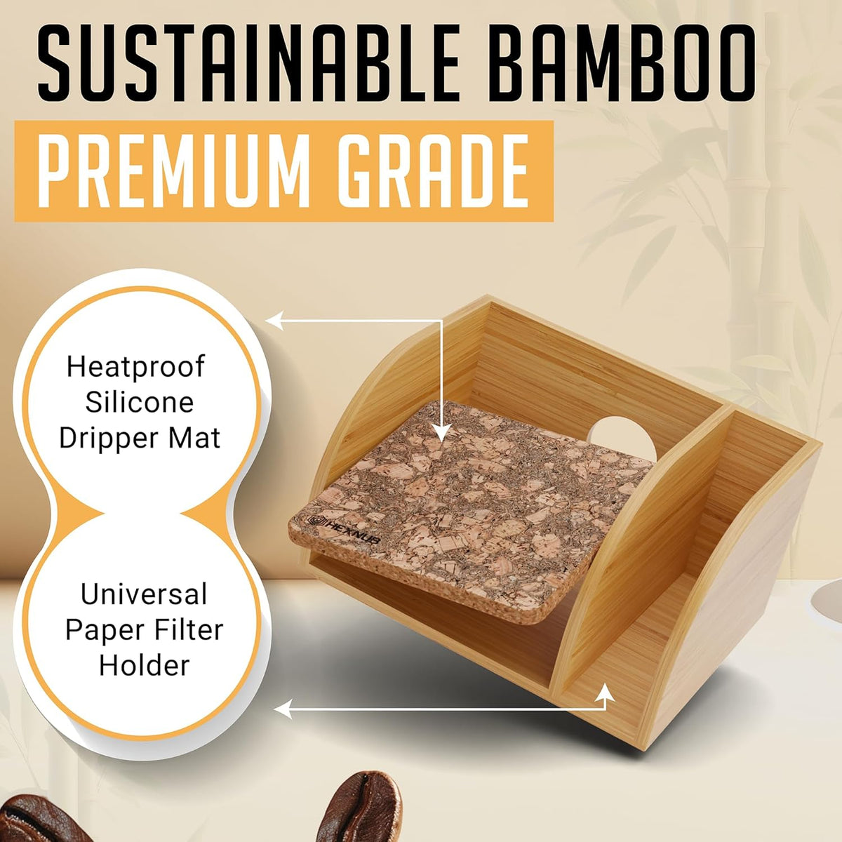 HEXNUB – Caddy and Lid for Pour Over Coffee Maker, Bamboo Stand fits Chemex, Bodum, Cosori Coffee Carafes, Heatproof Mat, Filter Holder for Drip Coffee Maker - Cork Mat