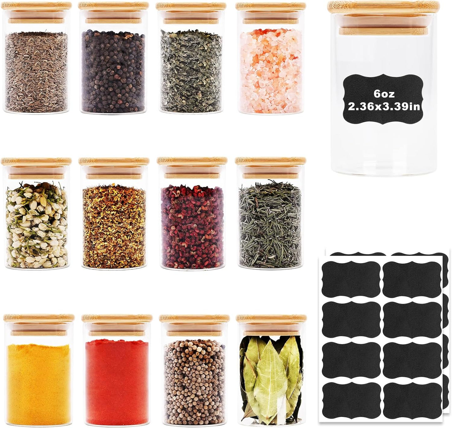 6oz Glass Food Storage Jars, Glass Jars with Bamboo Lids, Kitchen Storage Jars, Set of 12, Canisters