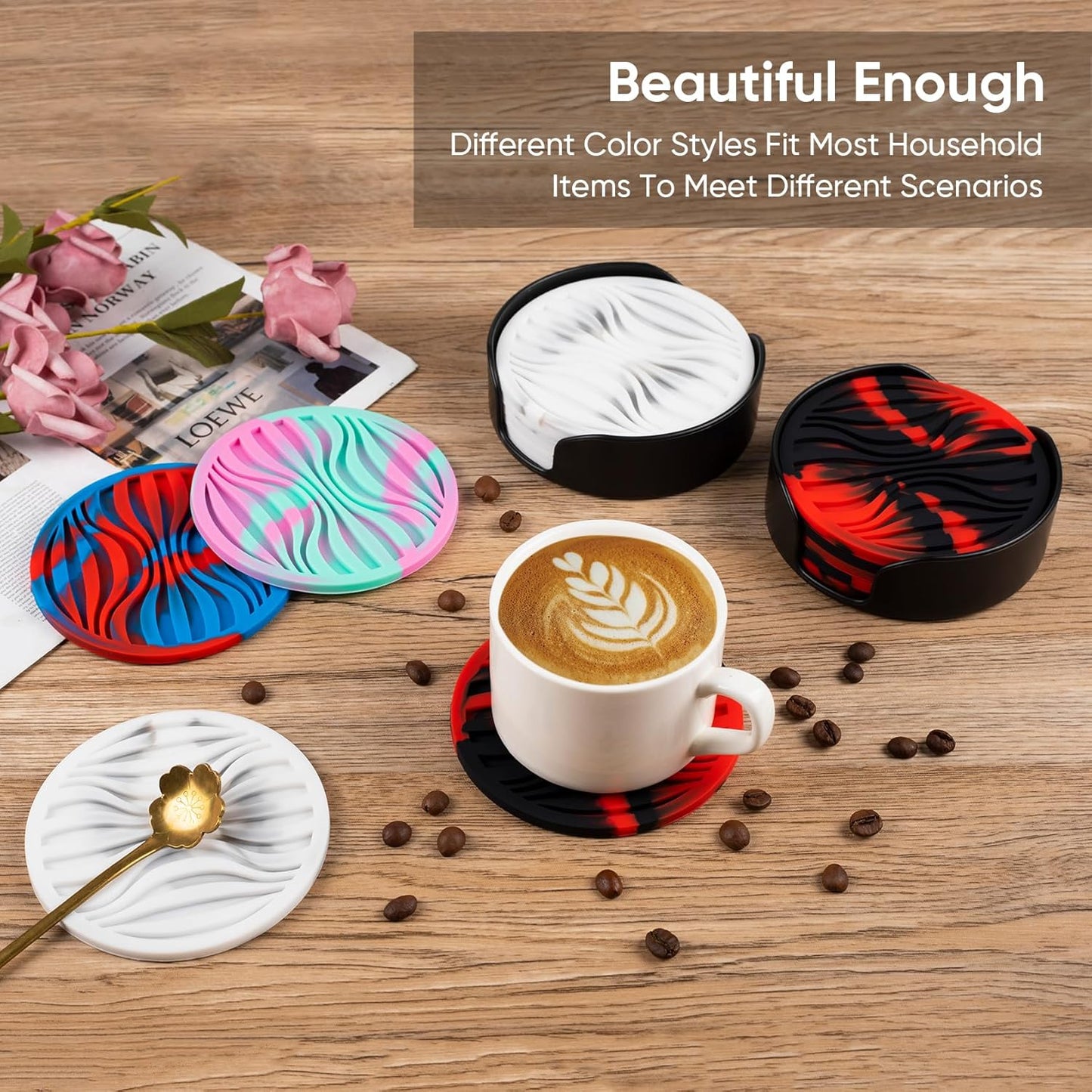 6 Pack Drink Coasters,Plastic Coaster with Holder,Non-Slip Silicone Cup Mat,Rubber Coasters Live for Hot or Cold Drink,Fits Any Size of Cups(Green Pink)