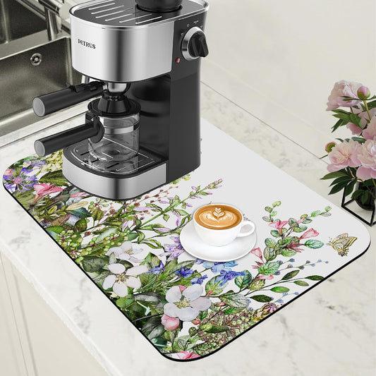Watercolor Flower and Butterfly Dish Drying Mat for Kitchen Counter Absorbent Coffee Mat with Hide Stain Rubber Backed