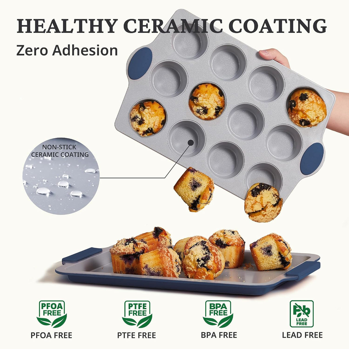 BRONYPRO 2-Pack 12 Cup and Mini 24 Cup Non Toxic Nonstick Ceramic Muffin Pan & Cupcake Tin