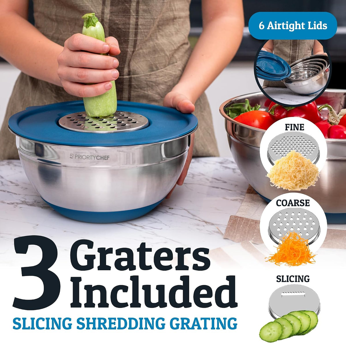 Priority Chef 6Pc Stainless Steel Mixing Bowls with Lids Set, Huge 7 Qrt Size Metal Bowl Set for Kitchen, 3 Graters, Non-Slip Bases &amp; Silicone Utensils Set, Blue