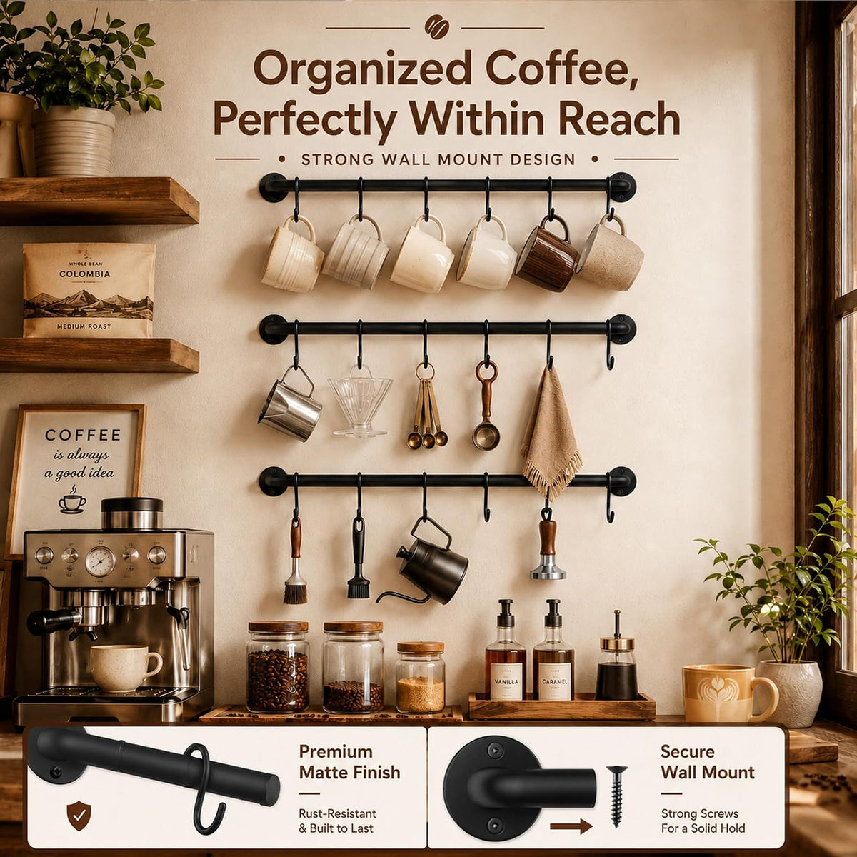 Coffee Mug Holder Wall Mounted, 3 Pack Coffee Cup Rack with 12 Removable Hooks, 16.5 Inch Metal Mug Hanger for Coffee Bar, Kitchen and Dining Room, Black