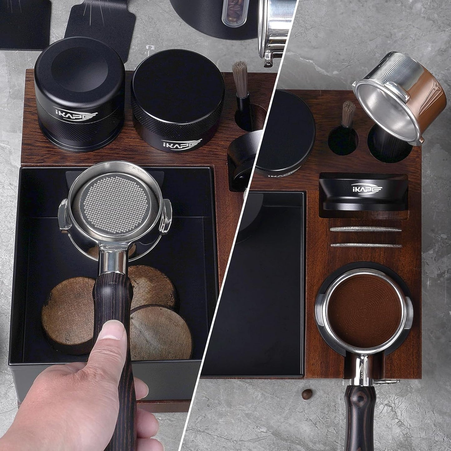 IKAPE V5 Espresso Knock Box, Espresso Coffee Organizer Box Fit for Storage 51, 54, 58MM Espresso Tamper, Distributor, Portafilter &amp; Puck Screen Accessories, Natural Walnut Station Base(9 IN One)