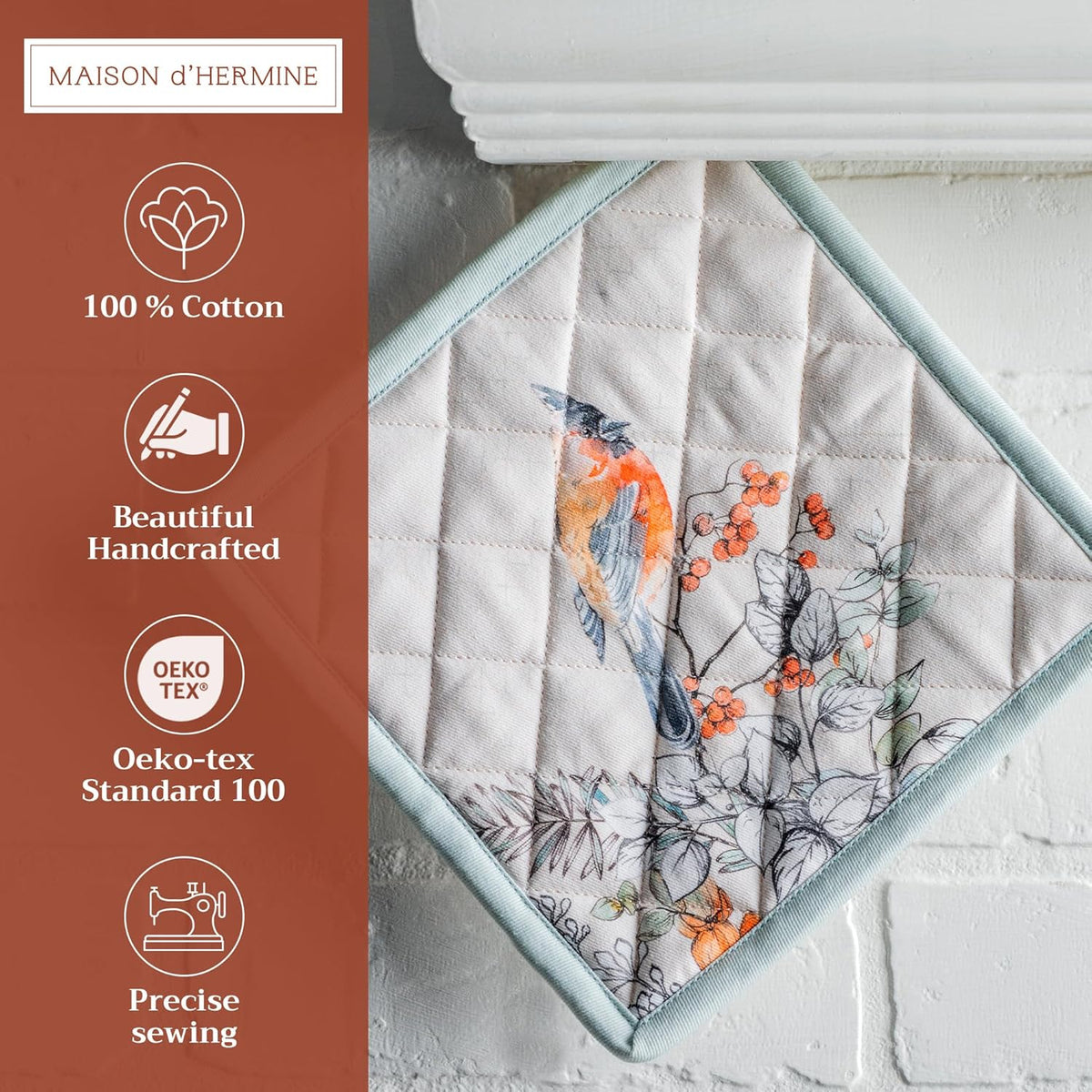 Maison d' Hermine Pot Holders 100% Cotton Heat Resistant Potholders 8" x 8" Hot Pads with Loop BBQ, Cooking, Baking, Grilling, Kitchen, Handling Hot Pans (Pack of 1, Whitish Shabby Chique)