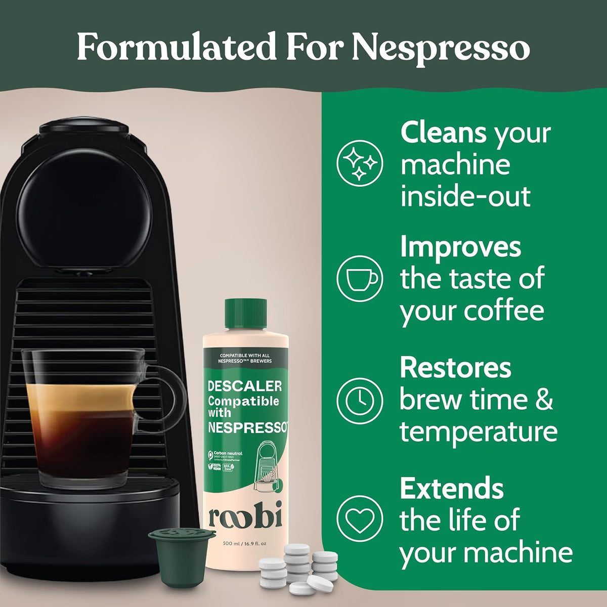 Roobi Descaling and Cleaning Kit Compatible with Nespresso Originaline | 500ml Bottle of Descaling Solution, 12 Cleaning Tablets, 1 Reusable Pod, Carbon Neutral, 1 Year Supply