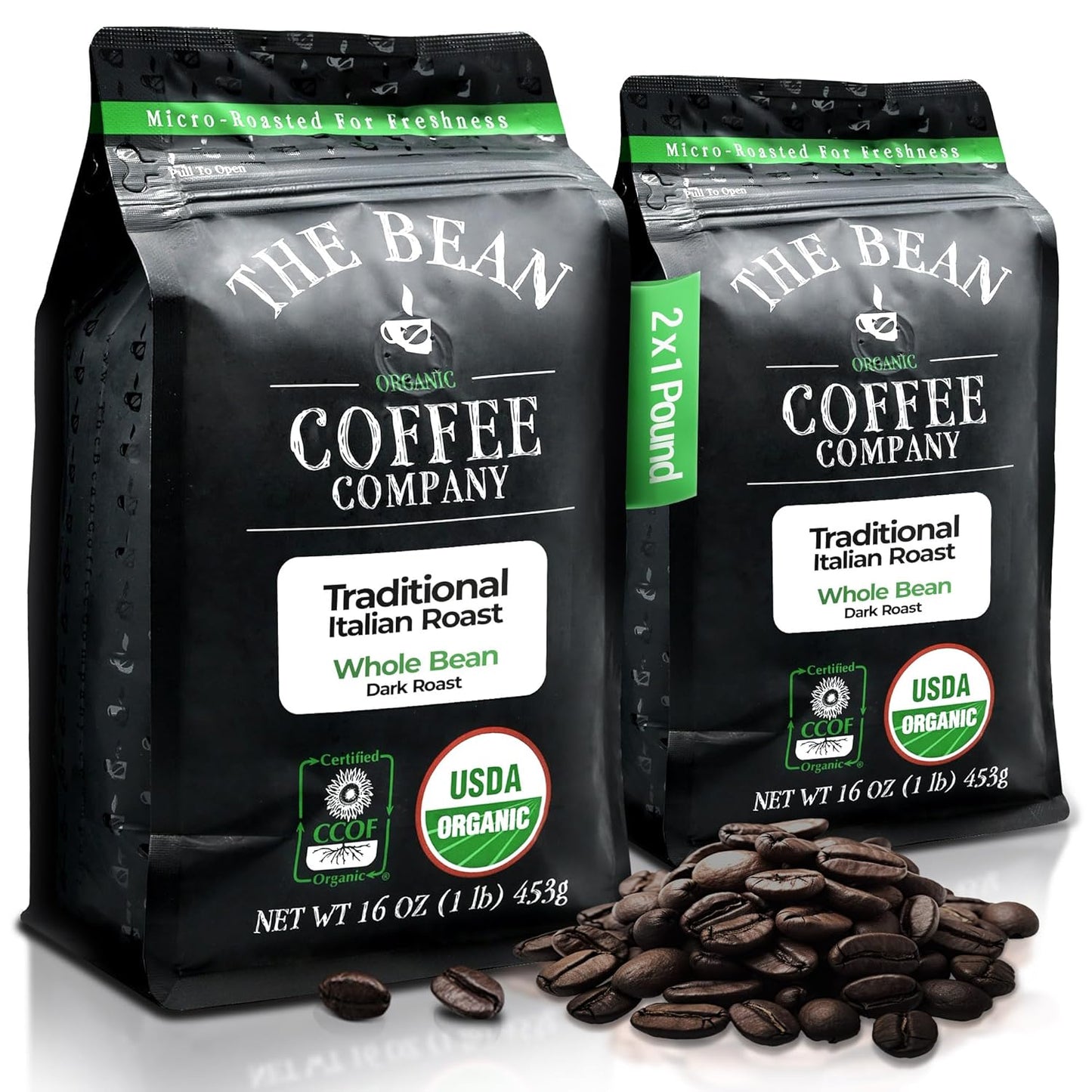 The Bean Organic Coffee Co. Il Chicco Italian Roast, Whole Bean, 2 x 1 lb | Bold, smooth Italian-style dark roast. Organic coffee beans. 2 x 1 lb.