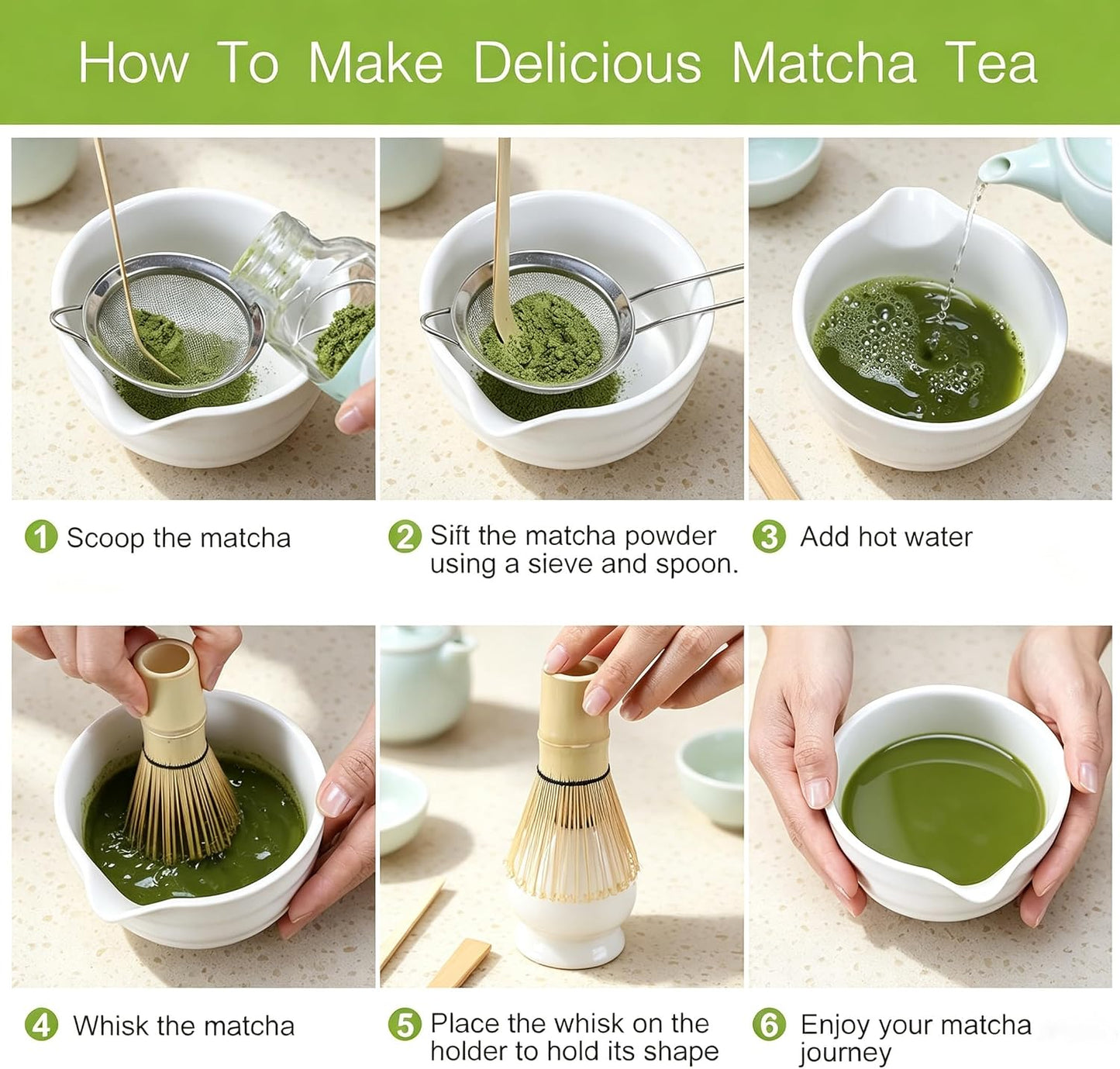 6 Pcs Matcha Set - Matcha Whisk Set &amp; Matcha Bowl Set with Bamboo Scoop, Stainless Steel Sifter, 19 oz Ceramic Pouring Bowl, Matcha Spoon, Whisk Holder - Japanese Tea Ceremony Kit for Gifts (White)