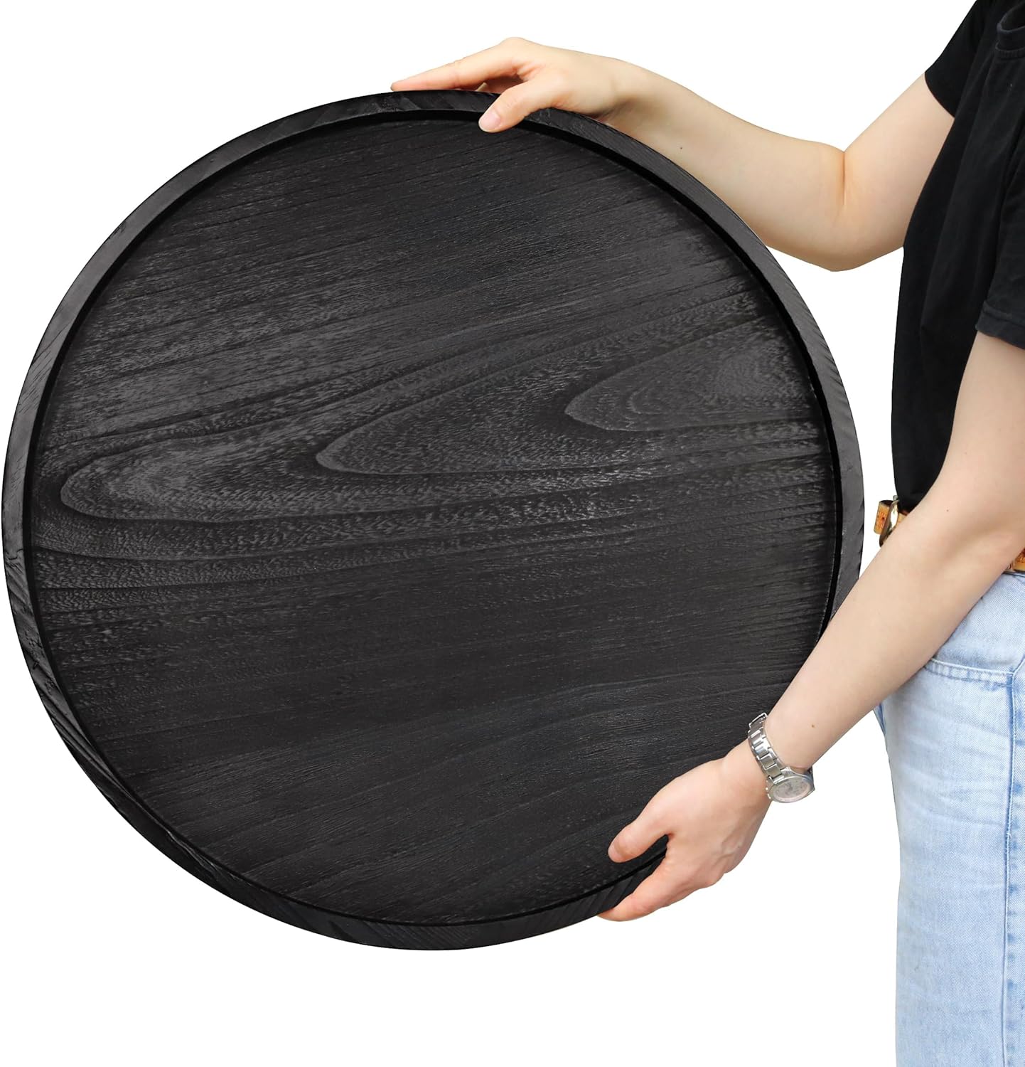 Round Ottoman Table Tray Round-24 - Rustic Wooden Serving Tray for Farmhouse Decorative Oversized Co