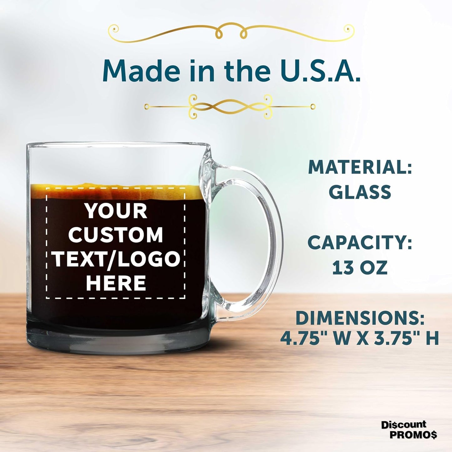 DISCOUNT PROMOS Custom Clear Glass Coffee Mugs 13 oz. Set of 10/50/100, Personalized Bulk Pack - Perfect for Coffee, Tea, Espresso, Hot Cocoa, Other Beverages - Black Bottom