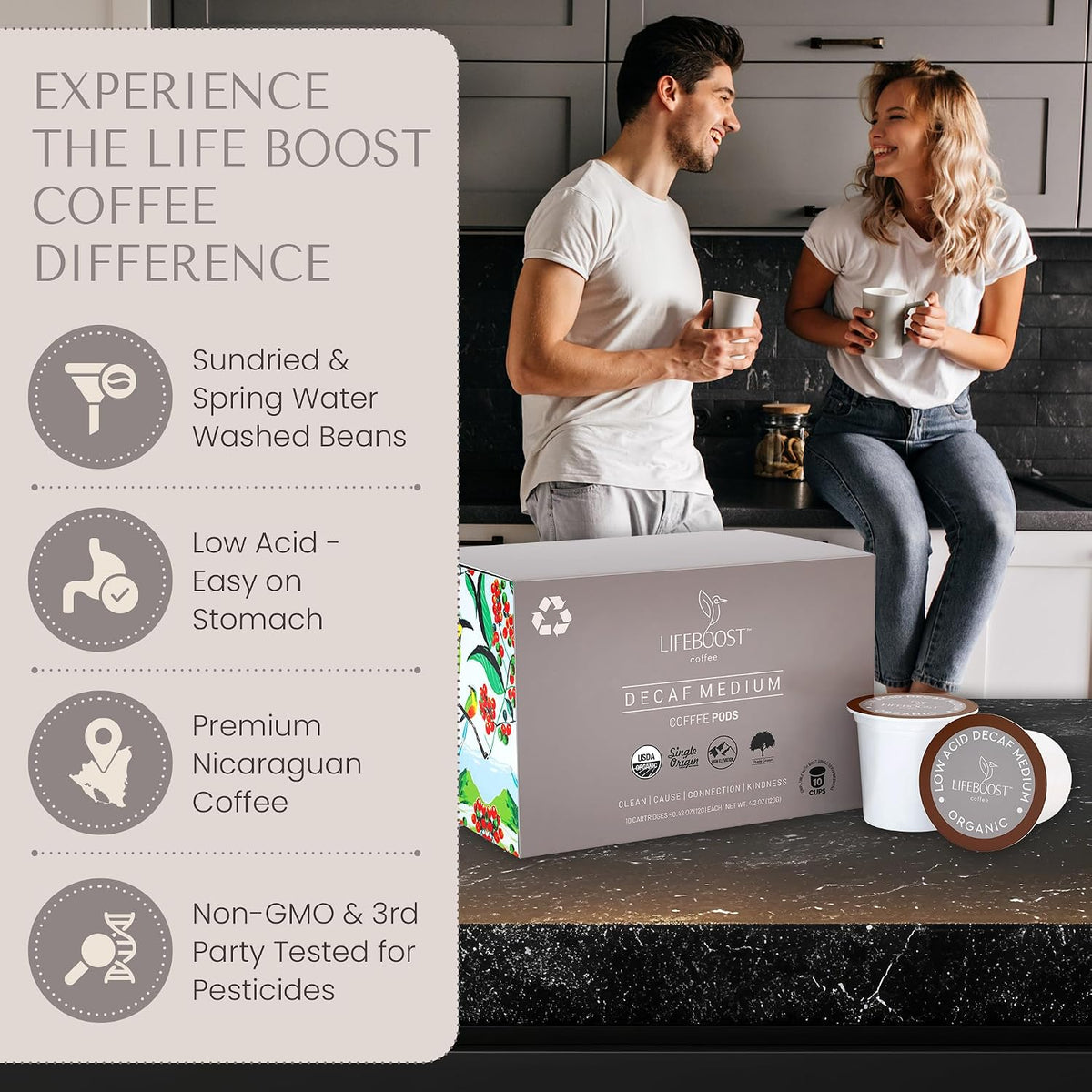 Lifeboost Organic Decaf Coffee K Cups - Low Acid Single Origin Non-GMO Mold Free Decaf Coffee Pods Compatible with Keurig &amp; Keurig 2 - Third Party Tested for Mycotoxins and Pesticides - 10 Count