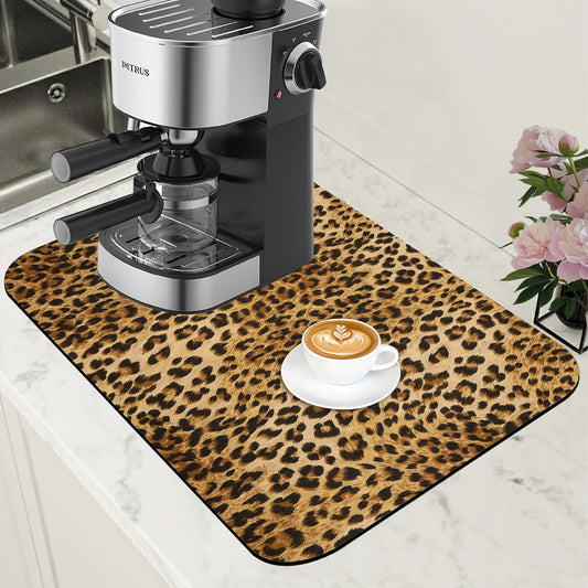 Leopard Print Dish Drying Mat for Kitchen Counter Coffee Bar Mat Hide Stain Absorbent Rubber Backed Coffee Maker Espresso