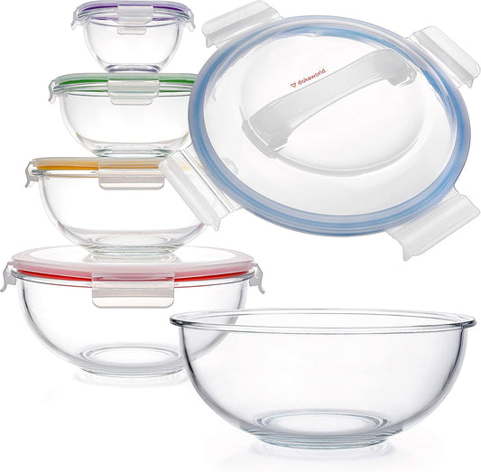 Set of 5 Stackable Space-Saving Nesting Glass Bowls with BPA Free Lids for Foodprep, Storage, Baking, Mixing & Cooking,