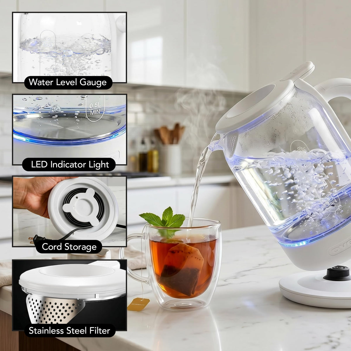OVENTE 1.5L Glass Electric Kettle Water Boiler, White KG516W