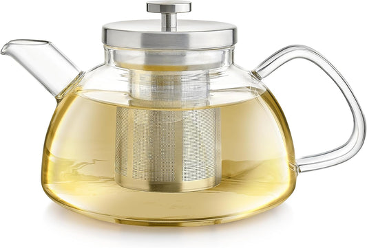 Teabloom Balance Borosilicate Glass Tea Kettle & Teapot – Stovetop-Safe, 40oz – Deep Loose Tea Infuser for Hot & Iced Tea –