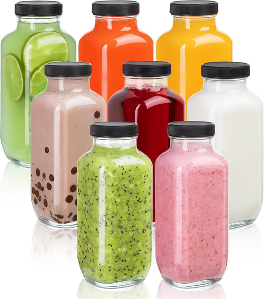 Juice Bottles with Lids, 16 Oz - Set of 8 - Clear Glass Jars with Caps - Reusable Empty Drink Containers for Juicing,