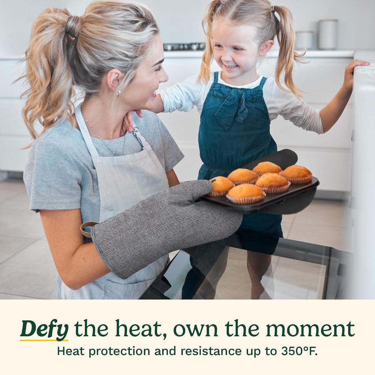 Cuisinart Heritage Kitchen Oven Mitts, Heat-Resistant, 2-Pack, 7"x13" | Non-slip neoprene palm grips up to 350°F, long cuff shields forearms, hang loop for storage, handles cast iron and grilling