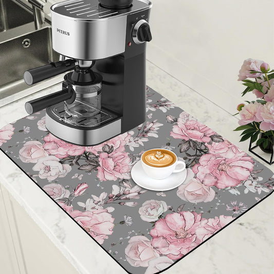 Pink Flowers and Leaves Coffee Mat Absorbent Dish Drying Mat for Kitchen Counter Hide Stain Rubber Backed Coffee Bar