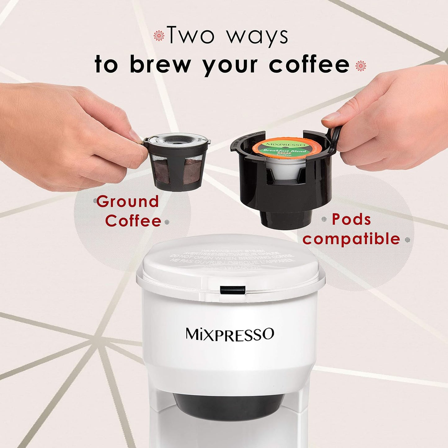 Mixpresso Single Serve Coffee Maker K Cup Coffee Maker for K Pods &amp; Grounds | Compact 800W White Coffee Machine with 14 Oz Water Tank, Fast Brew &amp; Auto Shut-Off, Small Design for Travel RV, Office&amp; Dorm