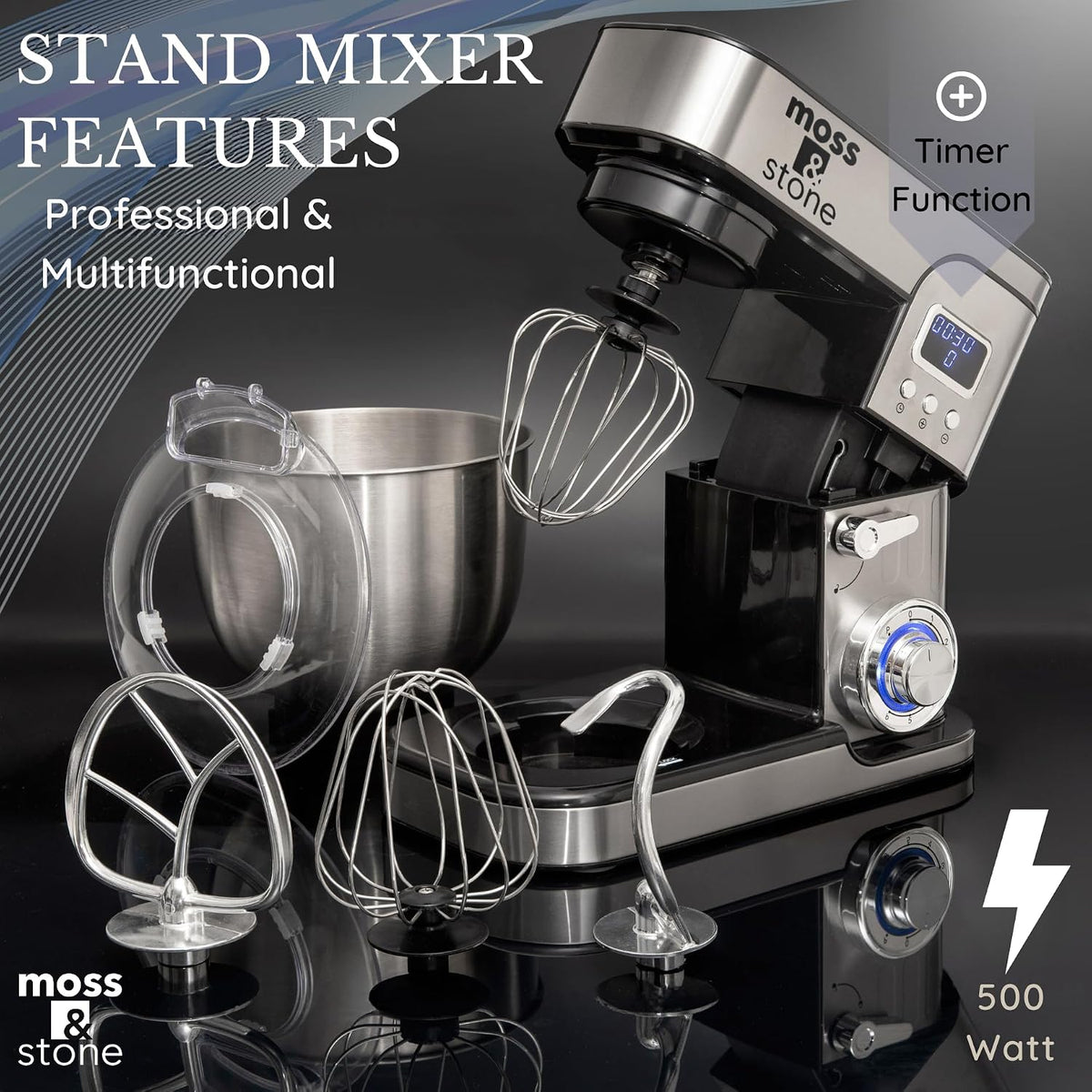 Moss &amp; Stone Stand Mixer With Lcd Display, 6 Speed Electric Mixer With 5.5 Quart Stainless Steel Mixing Bowl, Kitchen Mixer With Dough Hook, Egg Whisk, Beater &amp; Baking Spatula, Food Mixer With Timer