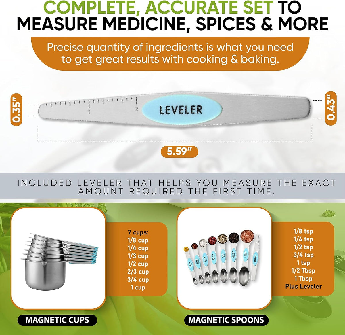 Spring Chef 15 Magnetic Measuring Cups &amp; Spoons Set w/Levelers, Aqua Sky