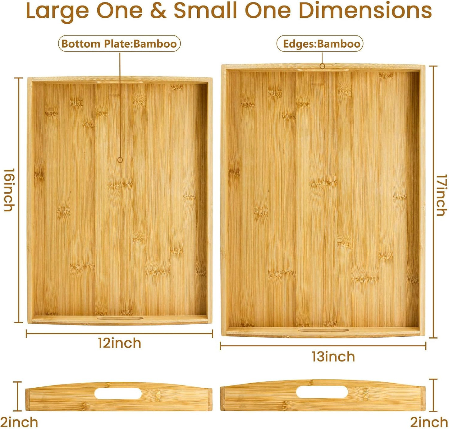 GOLD HONEY Bamboo Serving Tray with Handles, Wooden Serving Tray Set of 2 | Decorative Serving Trays with Handles for Living Room, Bathroom, Bedroom, Kitchen, Outdoor and Storing - 17x13in, 16x12in