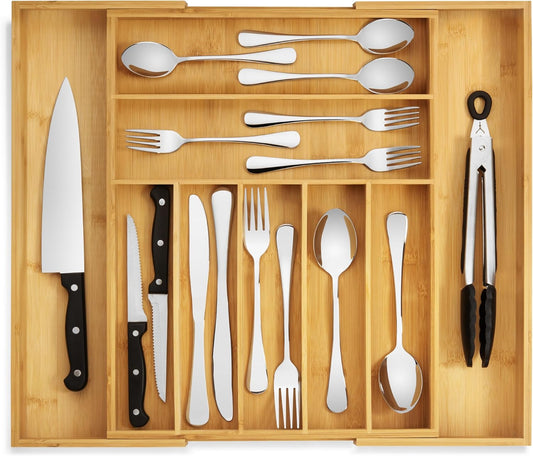 Purawood Bamboo Drawer Organizer - Expandable Silverware Organizer & Utensil Drawer Organizer, Cutlery Tray with Dividers,