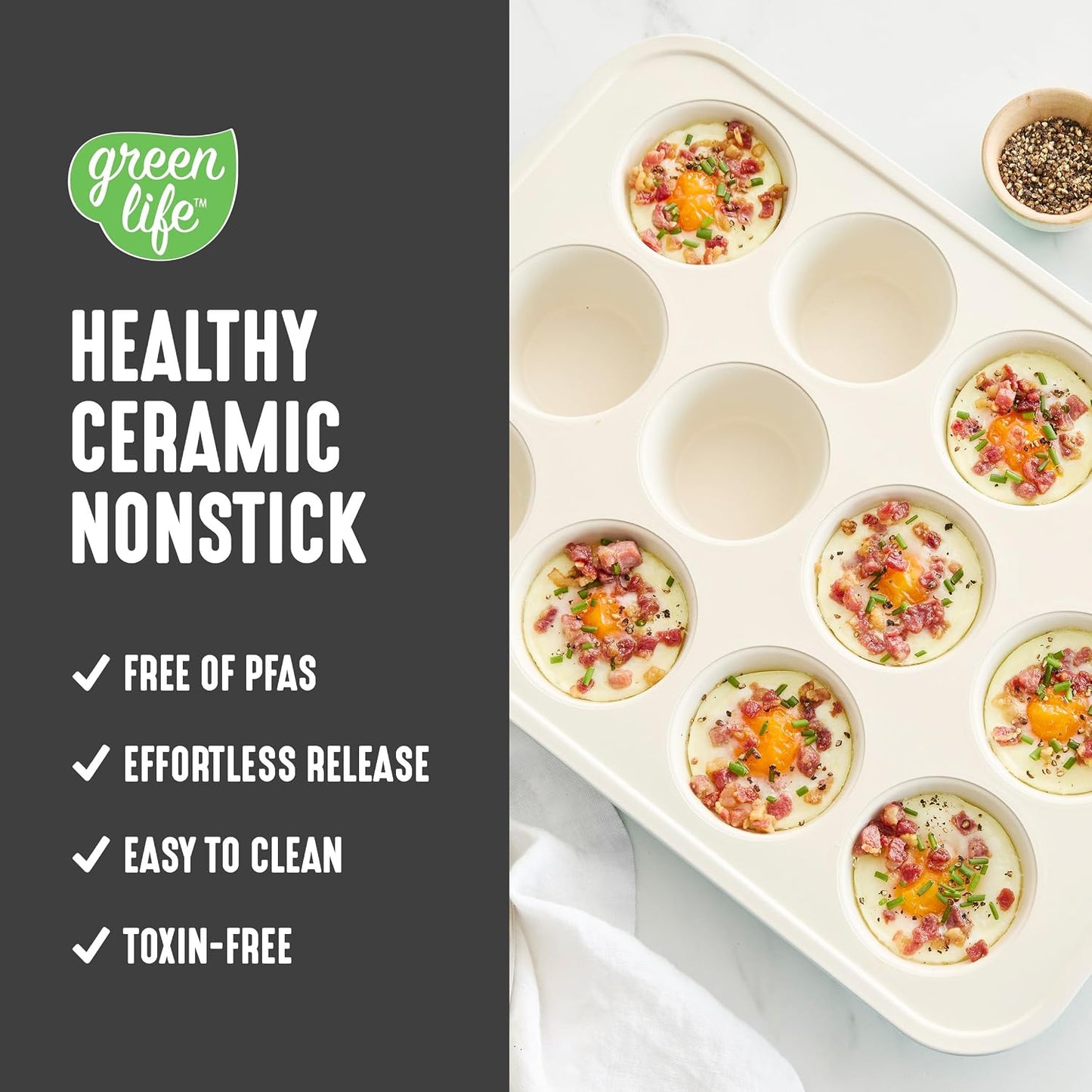 GreenLife 12 Cup Ceramic Nonstick Muffin Pan, Black | 11.4" x 1.9" x 15.9", PFAS-Free Nonstick, Cupcake Tin, Easy Release, Even Heating, Wipe Clean, Heavy Duty, Warp Resistant