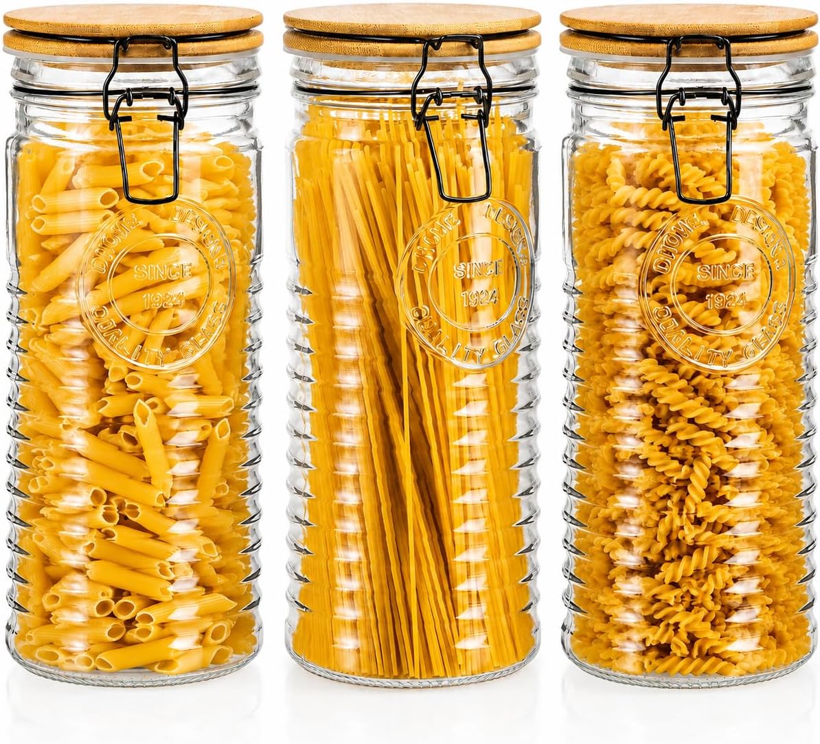 kitchentoolz Tall Glass Pasta Storage Containers with Airtight Clasp Lids - Set of 3 Glass Spaghetti Storage Containers for - 56 Ounce Pantry Organizing Canister Set - 9.75 Inch Tall