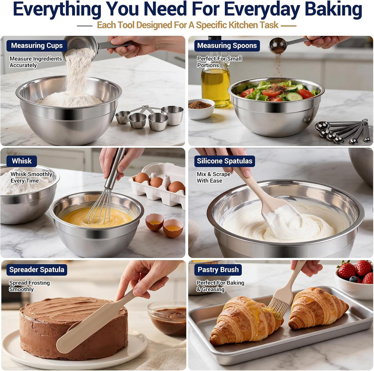 WEPSEN Mixing Bowls Set, 25PCS Khaki Mixing Bowls With Lids Set Stainless Steel Kitchen Large Nesting Metal Bowl 7QT to 1.5QT, Measuring Cups and Spoons for Prepping Cooking Serving