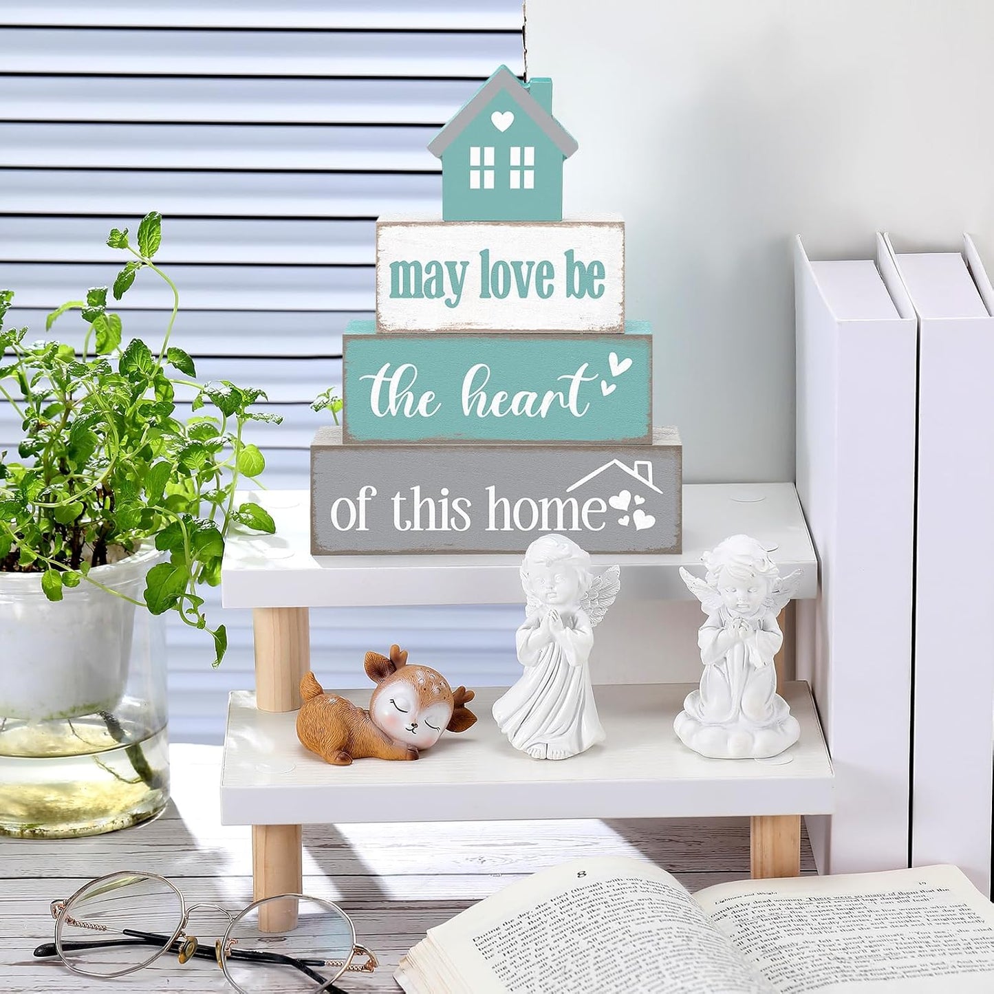 Cinnvoice 4 Pcs Farmhouse Table Decoration Rustic Sign Block,May Love Be | Home Heart Wood Sign, Teal and Grey Tabletop Centerpiece, Farmhouse Decor for Home Indoor Kitchen Shelf Tier Tray Decor
