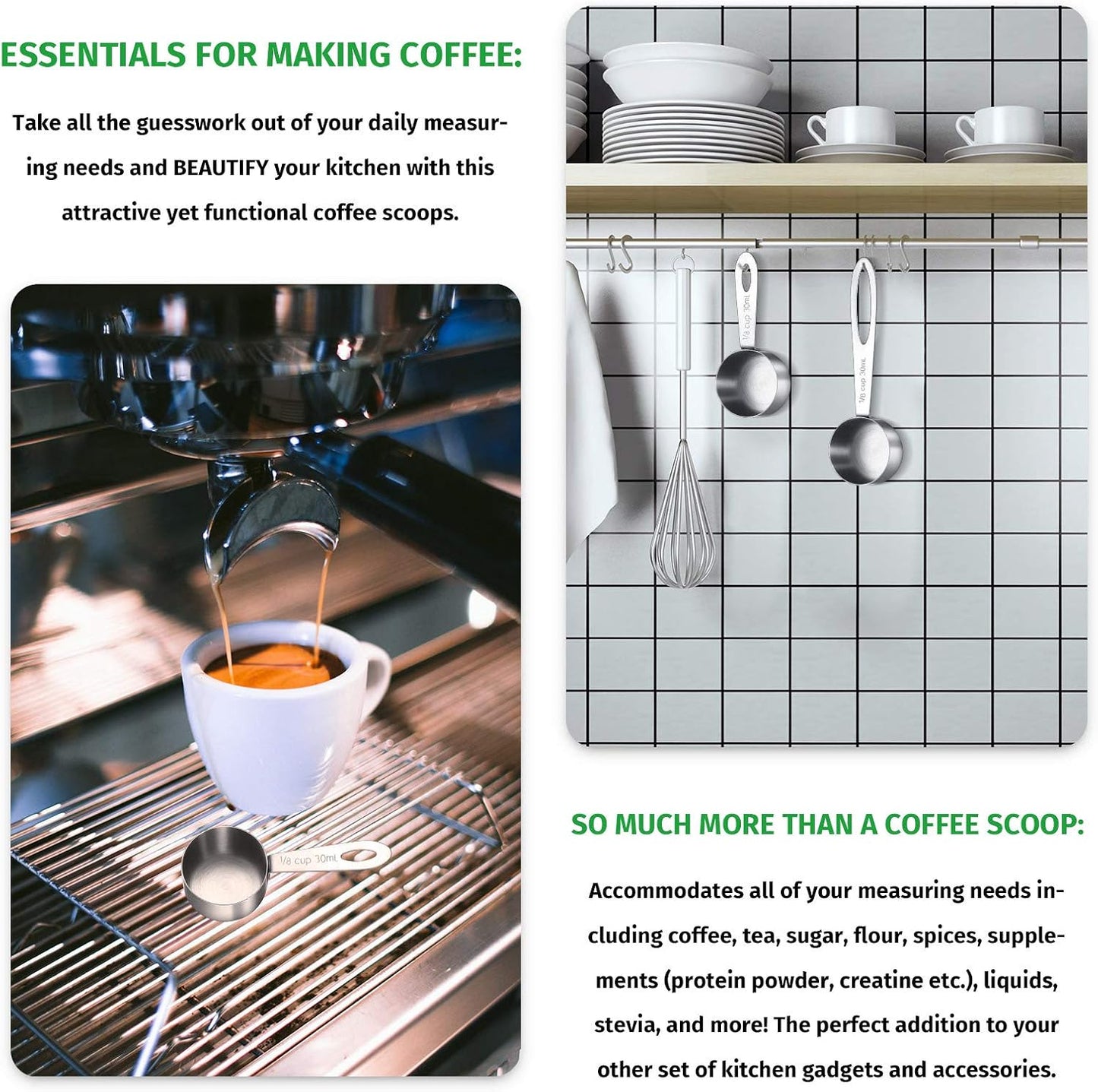 Geiserailie 4 Pcs Coffee Scoop 2 Tablespoon, Stainless Steel 30 ml | 2 Short 2 Long Handles for Tea Sugar Milk, Precise 1/8 Cup Measure, Durable Metal for Kitchen Coffee Bar