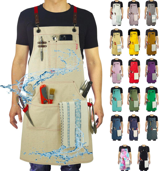 Work Aprons with Multiple Pockets, Waterproof Canvas for Cooking, Painting, Crafting, Gardening, Sizes M to XXL, Colorful