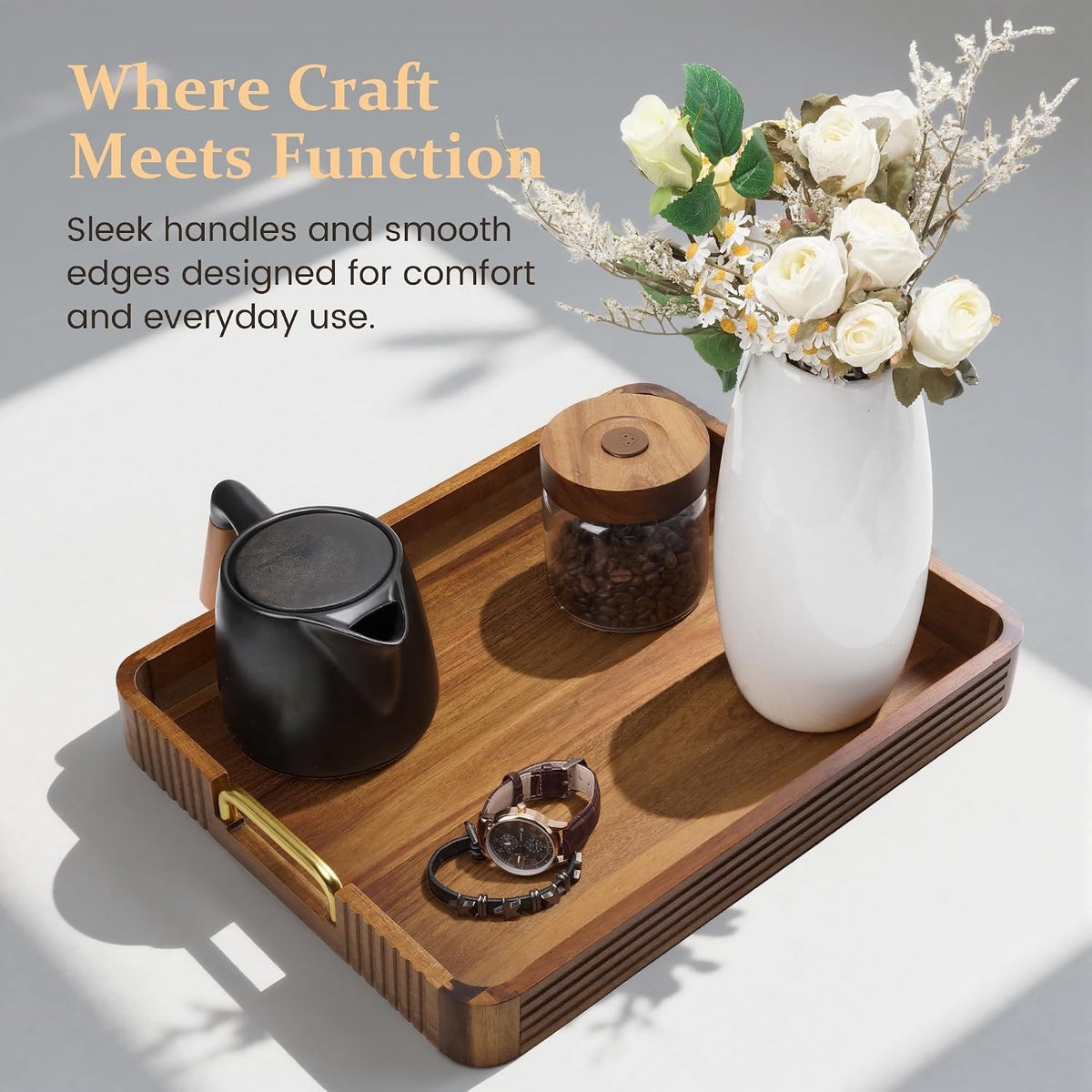 Acacia Wood Serving Tray with Gold Handles (Natural, 17" x 13" x 2") | Decorative coffee table tray for living room &amp; ottoman tray with anti-slip pads, bar tray, Breakfast in Bed and gift box.