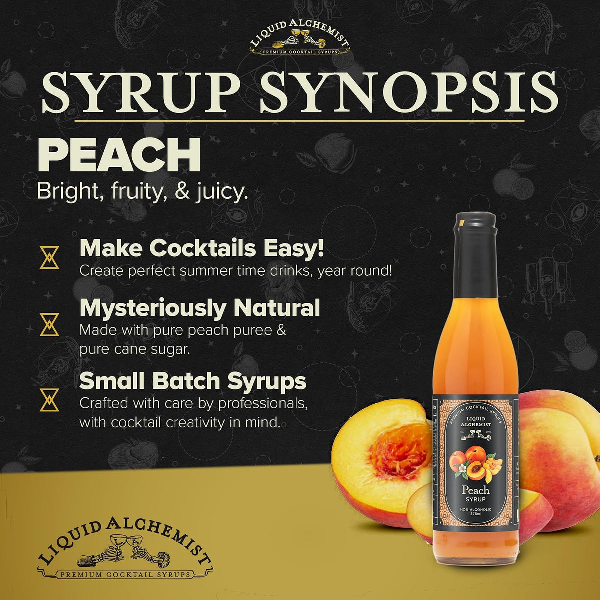 Liquid Alchemist Peach Syrup for Cocktails | Real Ingredients Make our Peach Syrup for Drinks a Perfect Bellini Mix | Small Batch, Non-GMO &amp; Vegan | 12.7 oz Drink Mixer, Pack of 1
