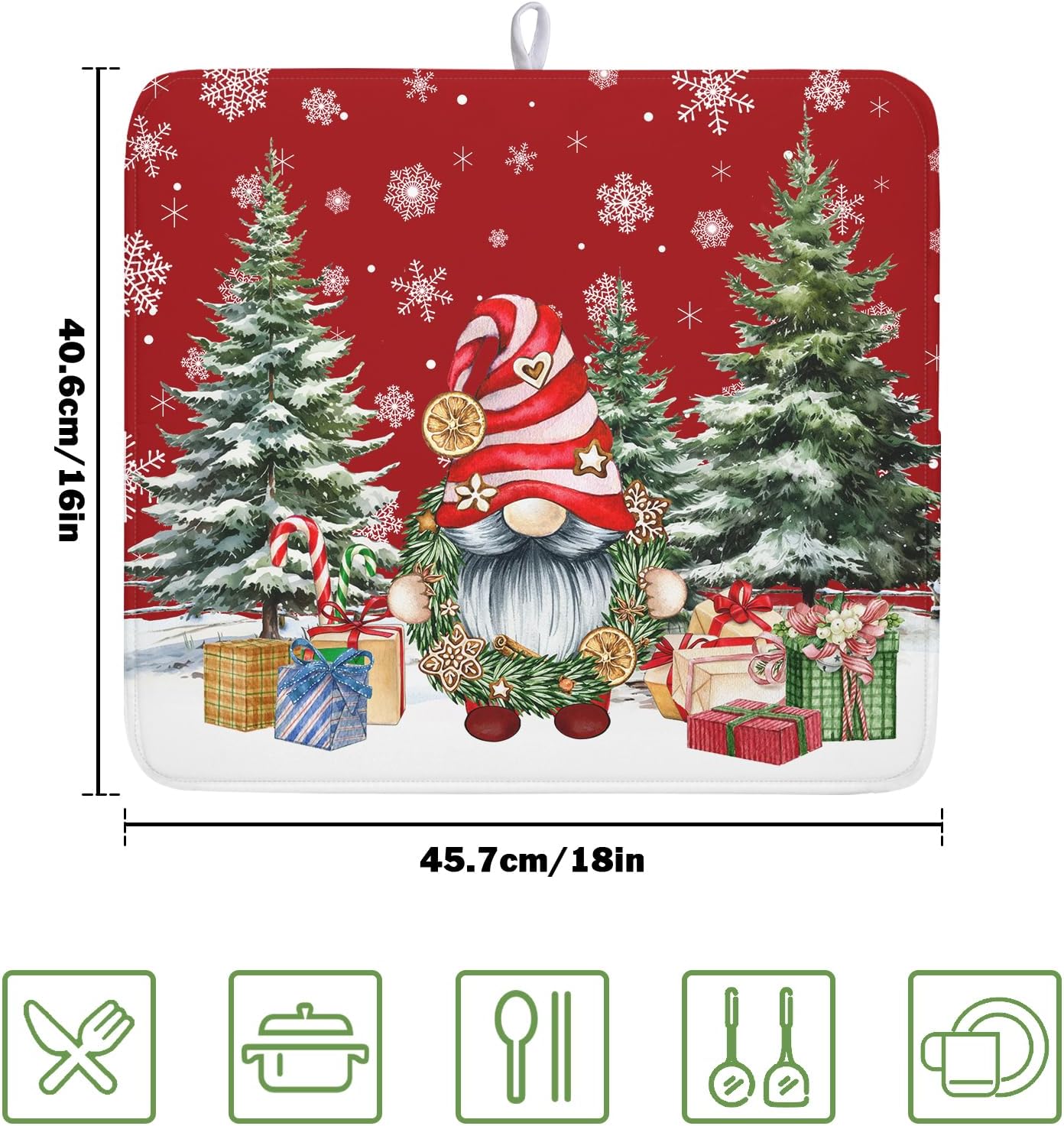 Kawani Christmas Gnome Dish Drying Mats for Kitchen Counter Christmas Gnomes Snowflakes Absorbent Microfiber Dishes Drying Pad Xmas Kitchen Drying Mat Drying Rack Mat Kitchen Accessories 16"x18"