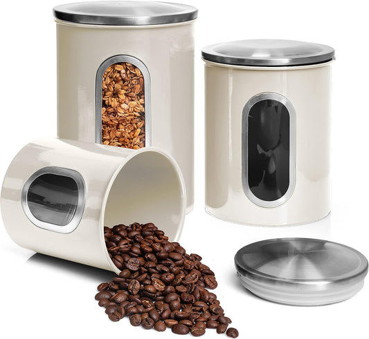 Moss & Stone 3-Piece Beige Canisters Sets For The Kitchen, Airtight Canister Set With See Through Window, Storage Jars for