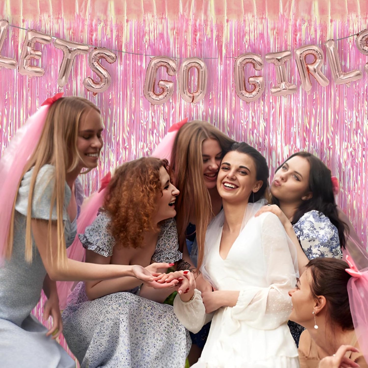 BRAVESHINE Clear Pink Streamers Party Curtain | Iridescent Fringe Backdrop | 2PCS 3.2x6.5ft Holographic Tinsel Curtain Photo Backdrop for Girls/Birthday/Bridal Shower/Bachelorette/Engagement Decorations