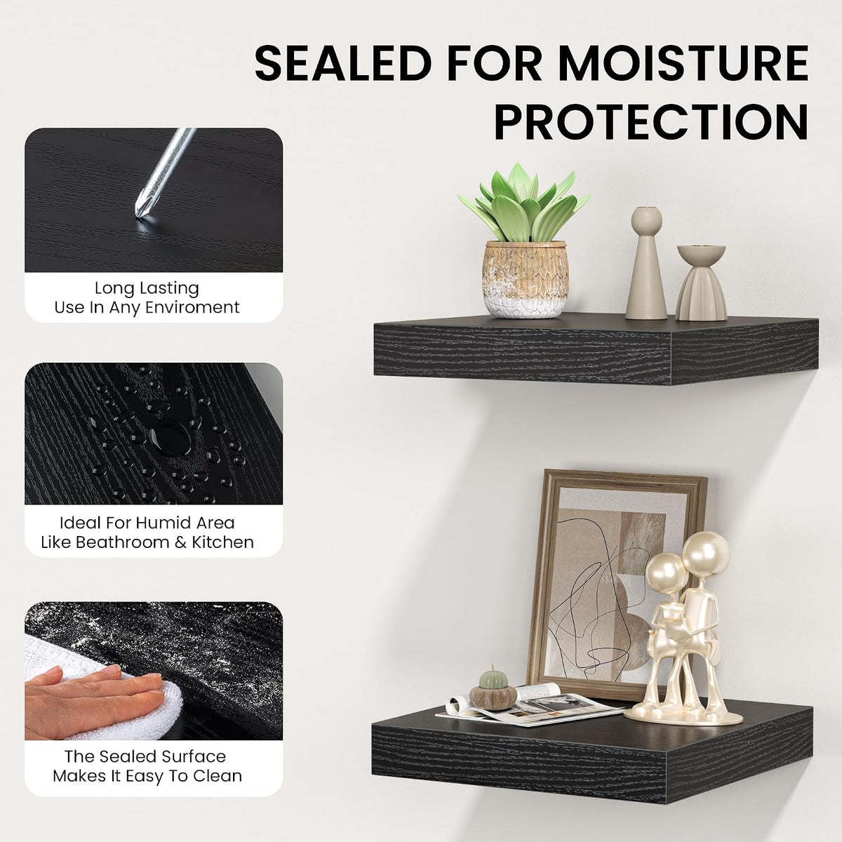 FLYJOE Square Floating Shelves for Wall, 12" W x 12" D x 1.4" H, Small Wooden Wall Mounted Display Shelves with Invisible Brackets for Living Room, Bedroom, Bathroom, Kitchen Decor, Set of 3, Black