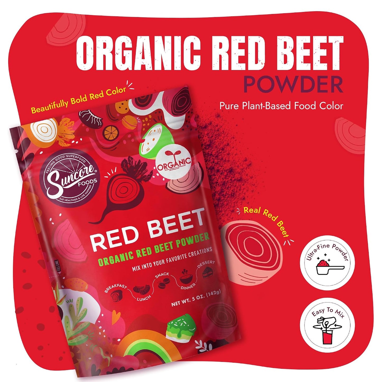 Suncore Foods Red Beet Powder 5oz (Beetroot) | Gluten Free | Vegan | Natural Red Food Coloring, For Baking, Frosting, Desserts, Smoothies, Beetroot Juice, Non-GMO, Resealable Pouch