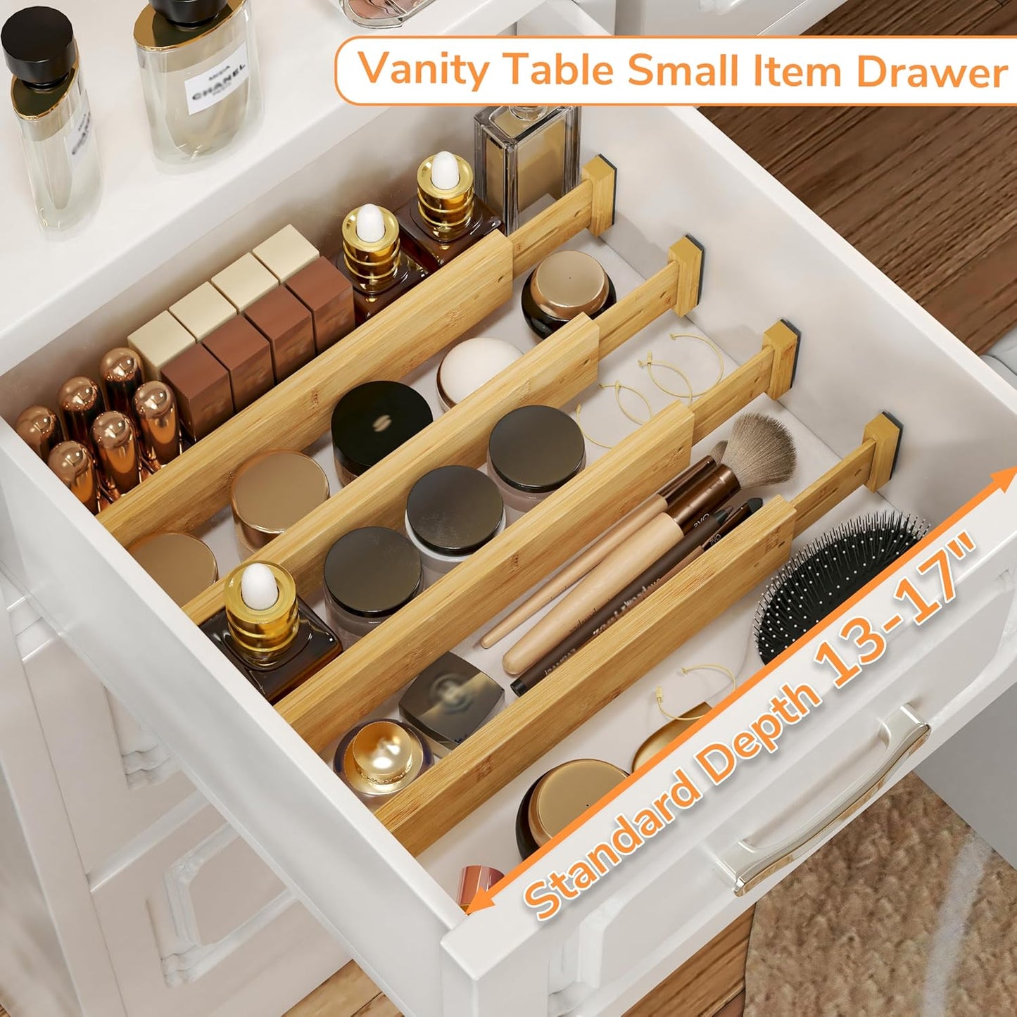 BAMEOS Bamboo Expandable Drawer Dividers – Fits 13.3"–19" Drawers, 2" High, Set of 4 | Spring-Loaded Bamboo Separator for Kitchen Island, Bathroom Vanity &amp; Dresser Drawers