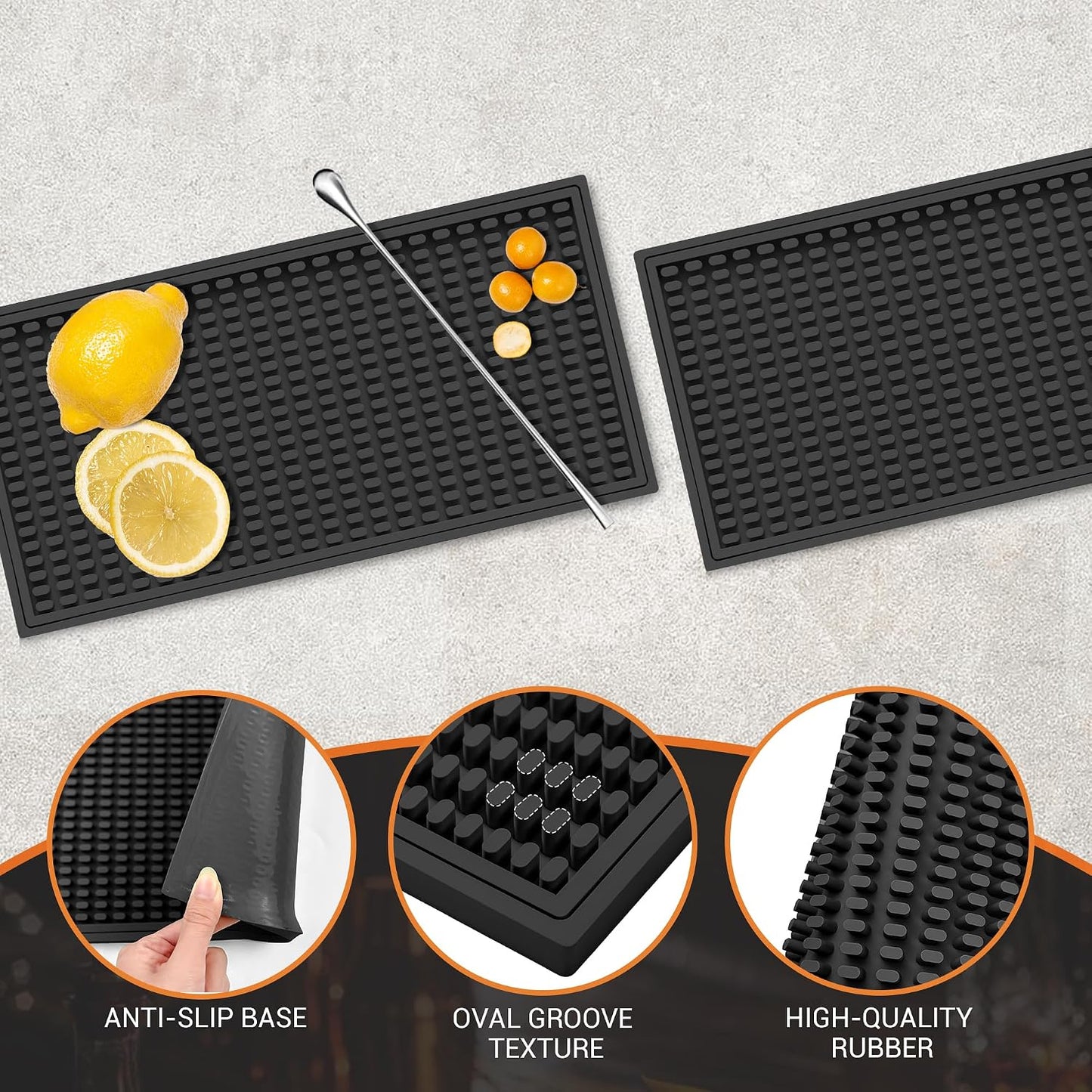 ZJWZLG Bar Mat 5.9"x11.8"(2Pcs) Non-Slip Rubber Bar Mat, Spill Proof &amp; Flat Design,Easy to Clean Textured Surface for Home Bar,Coffee Station, Bartending - Protects Countertops &amp; Glassware (Black).