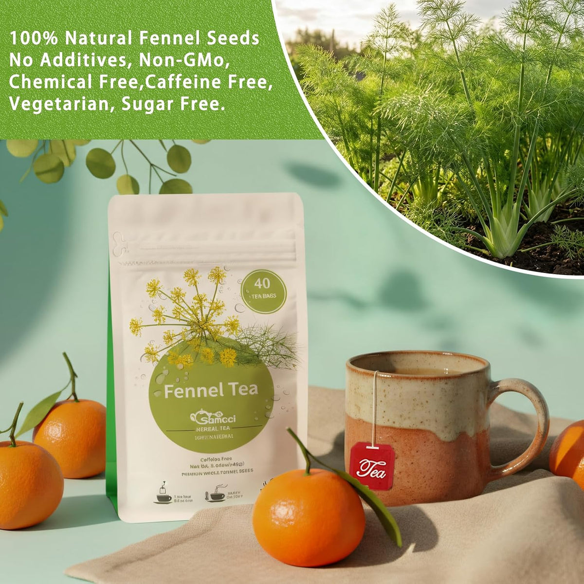Samcci Fennel Tea Bags, 40 Count (4g/bag), Whole Fennel Seeds | Warm Aromatic Seed Infusion, Supports Digestion &amp; Immune System, Pure Herbal Tea, Non-GMO, Caffeine-Free, No Additives