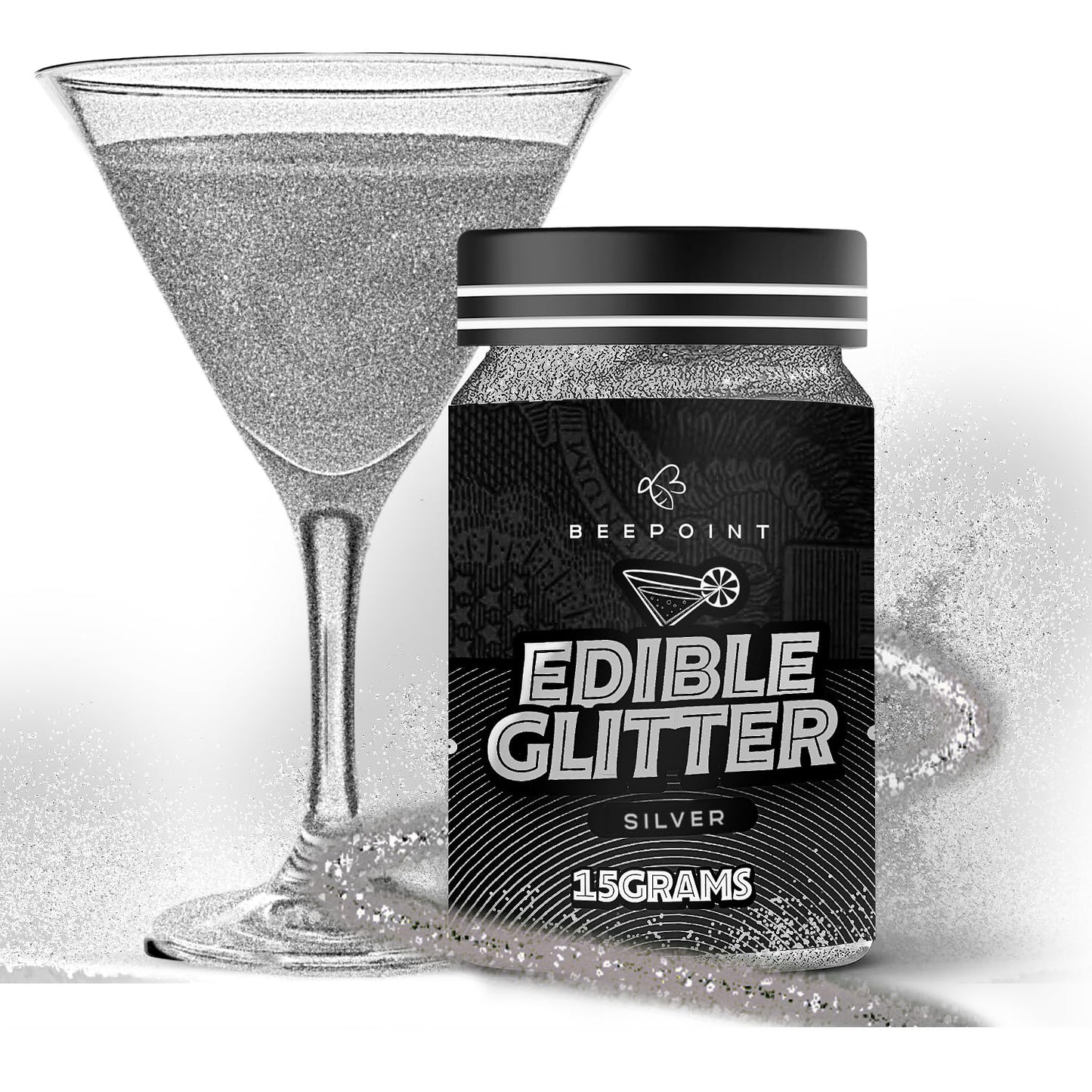 BeePoint Silver Edible Glitter for Drinks 15g - Food Grade, Vibrant Color Shimmer Powdered Dust for 