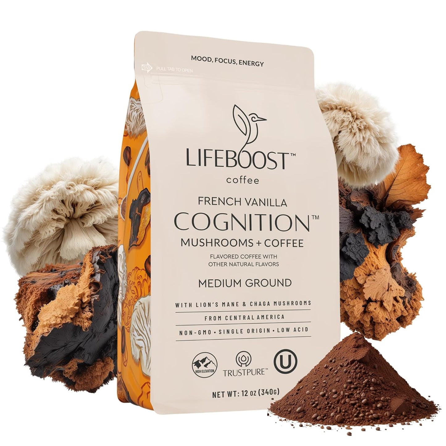 Lifeboost French Vanilla Cognition Mushroom Coffee - Low Acid Medium Organic Coffee with Nootropic Lions Mane &amp; Chaga Mushrooms - Increase Energy, Boost Focus &amp; Immune Support - 12 oz Bag - Ground