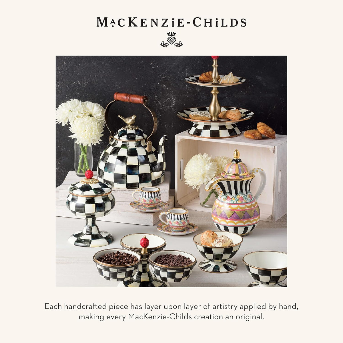 MACKENZIE-CHILDS Enamel Squashed Pot, Black-and-White Courtly Check | Hand-painted design, decorative container with lid, made from enameled steel, 5" dia. x 5.5" H, 20-ounce capacity